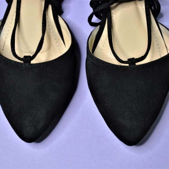 Black Suede Ballerina Flats - Long Ties! - Picture 5 of 7